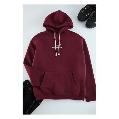 Trendyol Claret Red Oversize/Wide Cut Hooded Printed Fleece Inside Cotton Sweatshirt