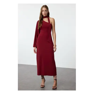 Trendyol Claret Red Plain Tie Detail Midi Scarf Detail Fitted/Fits Body Flexible Knit Dress