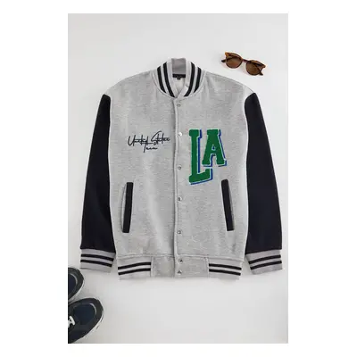 Trendyol Grey Melange Regular/Normal Cut Embroidered Detailed College Jacket