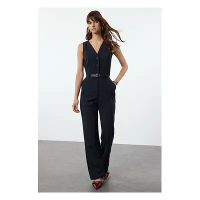 Trendyol Navy Blue Belted Striped Front Button Detail Long Jumpsuit