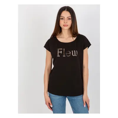 Women's black solid color T-shirt with inscription