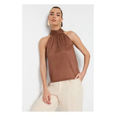 Trendyol Brown High Collar Regular Fit Pleated Knitted Blouse