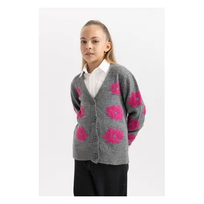 DEFACTO Girl Floral V Neck Knitted Cardigan