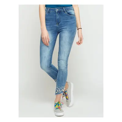 Jeans decorated with abrasions and pearls blue