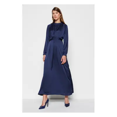 Trendyol Navy Blue Belted Satin Evening Dress with Belt