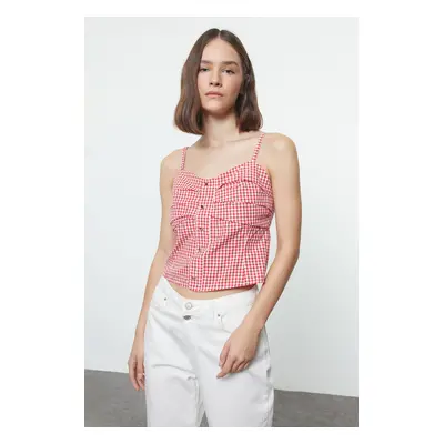 Trendyol Red Strappy Gingham Woven Blouse