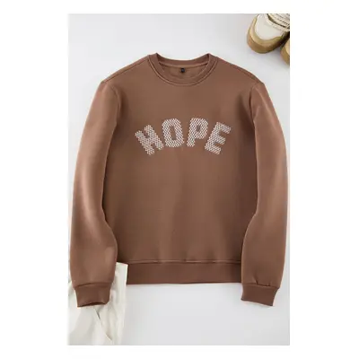 Trendyol Brown Oversize/Wide Cut Hooded Fleece Embroidered Sweatshirt