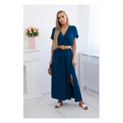 Women's elegant dress with decorative belt - sea blue