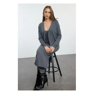 Trendyol Anthracite Midi Premium Yarn/Special Yarn Knitwear Cardigan-Dress Set