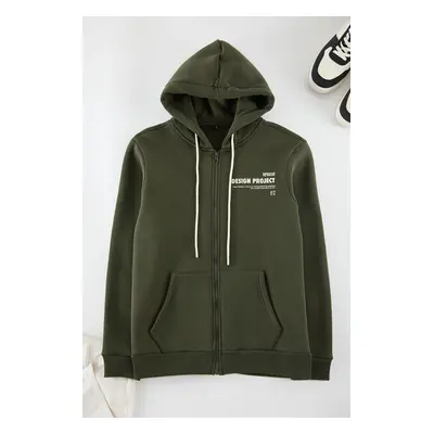 Trendyol Khaki Regular/Normal Cut Hooded Slogan Printed Sweatshirt