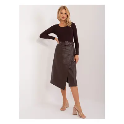 Dark brown wrap cargo skirt made of eco-leather