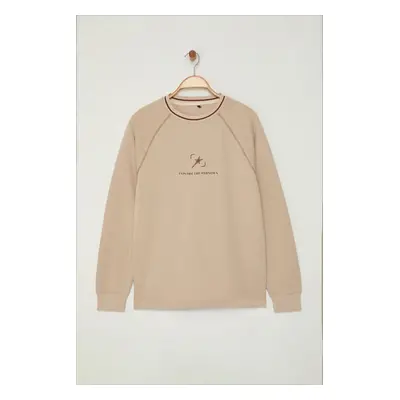 Trendyol Beige Regular Cut Stitching and Collar Knitwear Tape Detailed Printed Sweatshirt