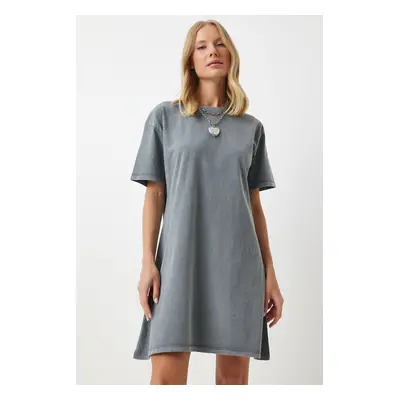 Happiness İstanbul Women's Anthracite Crew Neck Oversize Knitted T-Shirt Dress