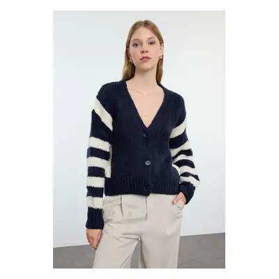 Trendyol Navy Blue Soft Texture Striped Color Block Knitwear Cardigan