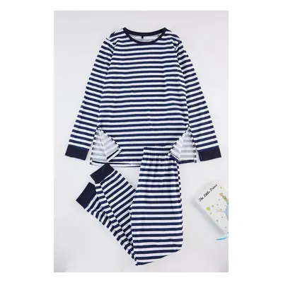 Trendyol Navy Blue 100% Cotton Striped Slit Detailed Knitted Pajama Set