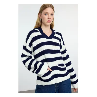 Trendyol Navy Blue Striped Hooded Knitwear Sweater