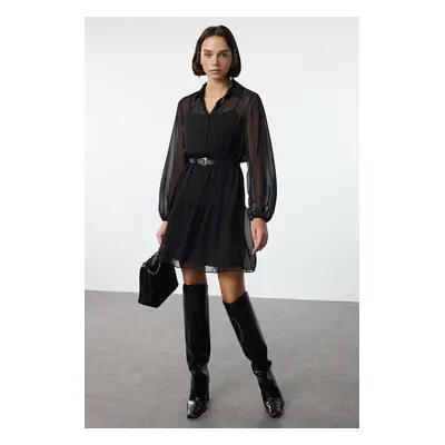 Trendyol Black Belted Skirt Opening at Waist Lined Chiffon Woven Winter Dress