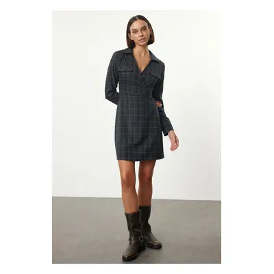 Trendyol Anthracite Plaid A-Line Double Breasted Mini Woven Dress