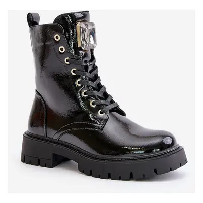 Patent leather ankle boots Worker insulated with black decoration Depisa