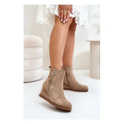 Insulated wedge ankle boots with decorative zipper Eco suede dark beige Leretha