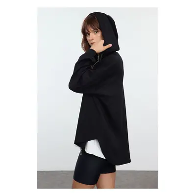 Trendyol Black Soft Fabric Hooded Zippered Oversize/Wide Cut Knitted Sweatshirt