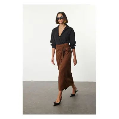 Trendyol Brown Double Breasted Tie Detailed Linen Look Woven Skirt