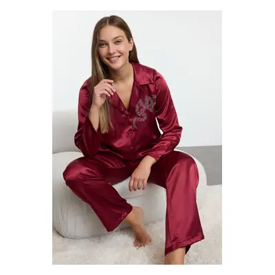 Trendyol Burgundy Stone Ribbon/Bow Accessory Detailed Satin Woven Pajama Set