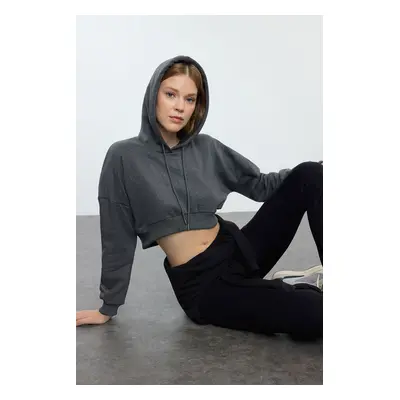 Trendyol Anthracite Cotton Crop Hooded Polar Fleece Knitted Sports Sweatshirt