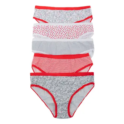 White and red women's printed panties, 5-pack