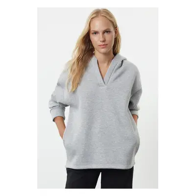 Trendyol Gray Melange Hooded Oversize/Wide Fit Thick Knitted Sweatshirt