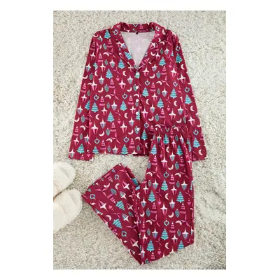 Trendyol Claret Red 100% Cotton Christmas Themed Knitted Pajama Set