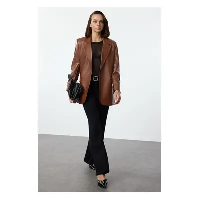 Trendyol Brown Oversized Faux Leather Blazer Jacket