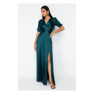 Trendyol Emerald Green Belt Detailed Knitted Long Evening Dress