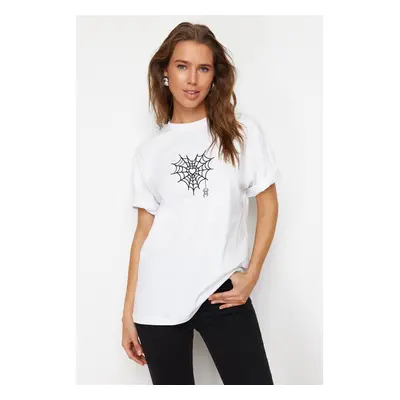 Trendyol White Premium 100% Cotton Spider Web Printed Oversize/Wide Fit Knitted T-Shirt