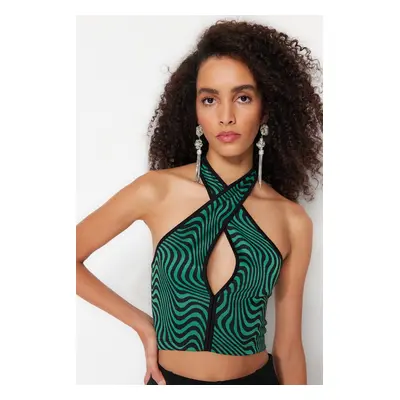 Trendyol Black-Green Crop Knitted Window/Cut Out Detailed Animal Print Bustier