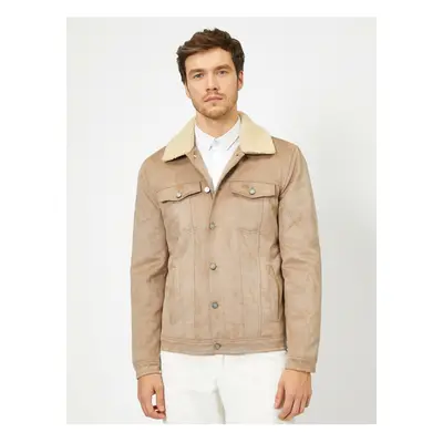 Koton Men's Brown Collar Faux Cure Detailed Coat.