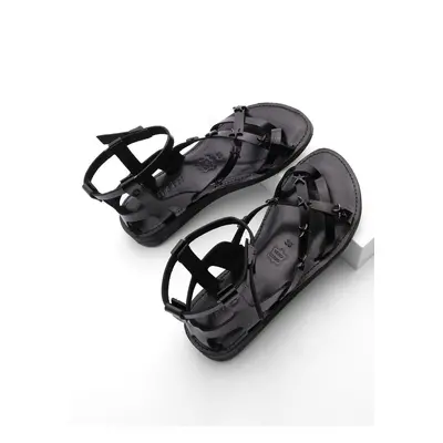 Marjin Women's Genuine Leather Eva Sole Flip Flops Daily Sandals Renta black