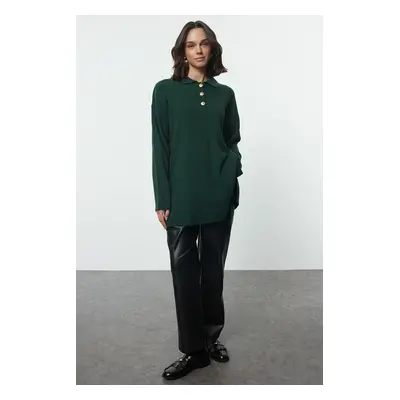 Trendyol Emerald Green Shirt Collar Button Detailed Ribbed Knitted Sweater