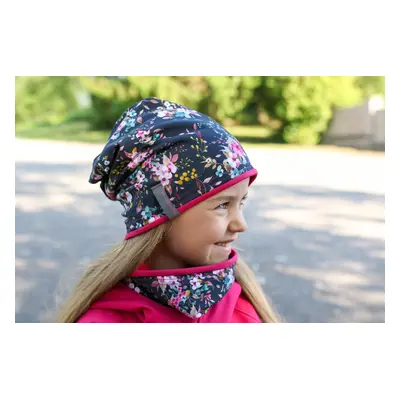 Cotton cap + neck warmer / dark blue flowers