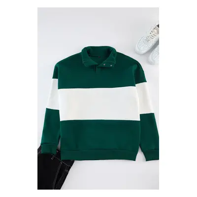 Trendyol Emerald Green Oversize/Wide Cut Snap Button Color Inside Polar Fleece Cotton Sweatshirt