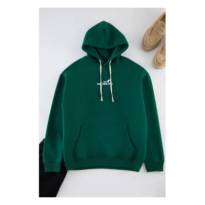 Trendyol Emerald Green Oversize/Wide Cut Hooded Printed Fleece Inside Cotton Sweatshirt