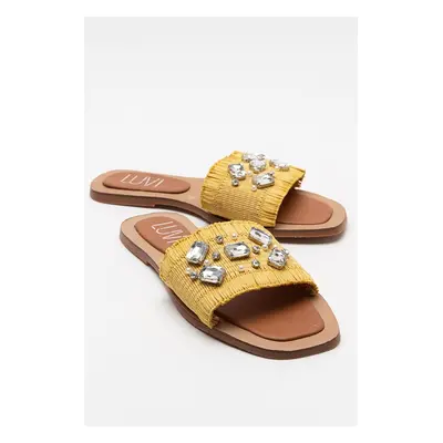 LuviShoes NORVE Women's Yellow Straw Stone Slippers