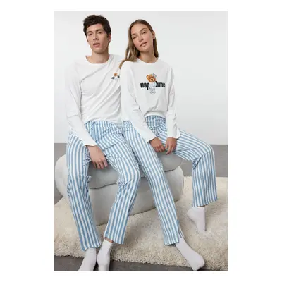 Trendyol Men's Ecru Regular Fit Striped Couple Knitted 100% Cotton Pajama Set