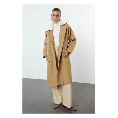 Trendyol Camel Regular Collar Plush Detailed Wool Coat