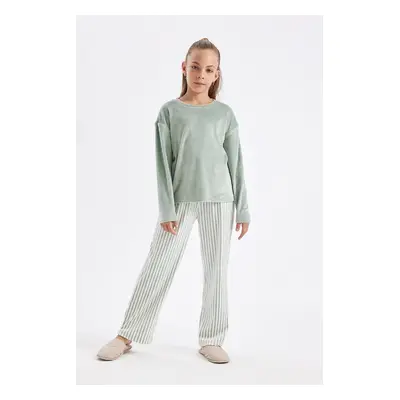 DEFACTO Girls Regular Fit Long Sleeve Top Long Bottom Polar Fleece Pajama Set