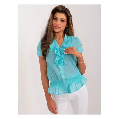 Turquoise blouse with stand-up collar