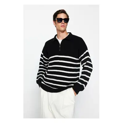 Trendyol Black Oversize Fit Wide Fit Polo Neck Striped Knitwear Sweater