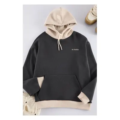 Trendyol Anthracite Oversize/Wide Cut Hooded Fleece Inside Color Block Embroidered Sweatshirt