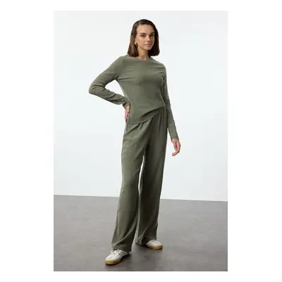 Trendyol Khaki High Collar Gather Detailed Normal Waist Wideleg/Wide Leg Knitted Bottom-Top Set