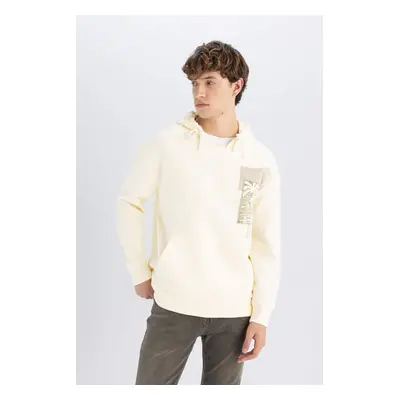 DEFACTO Men's Ecru Boxy Fit Hooded Printed Pocket Sweatshirt